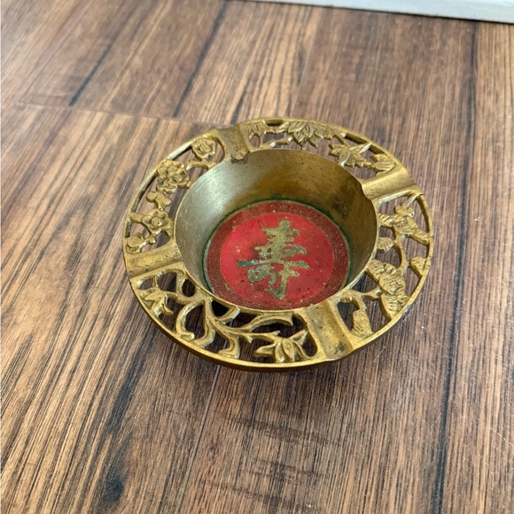 Vintage Chinese Brass Red  Ashtray Chinese Symbol Flower Cutouts Floral - Picture 1 of 6